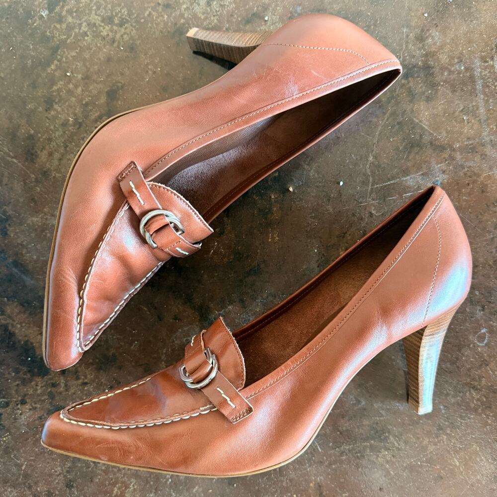 Franco Sarto Heels Leather Loafer Pumps Pointed Toe Buckle Cognac Tan Womens 10